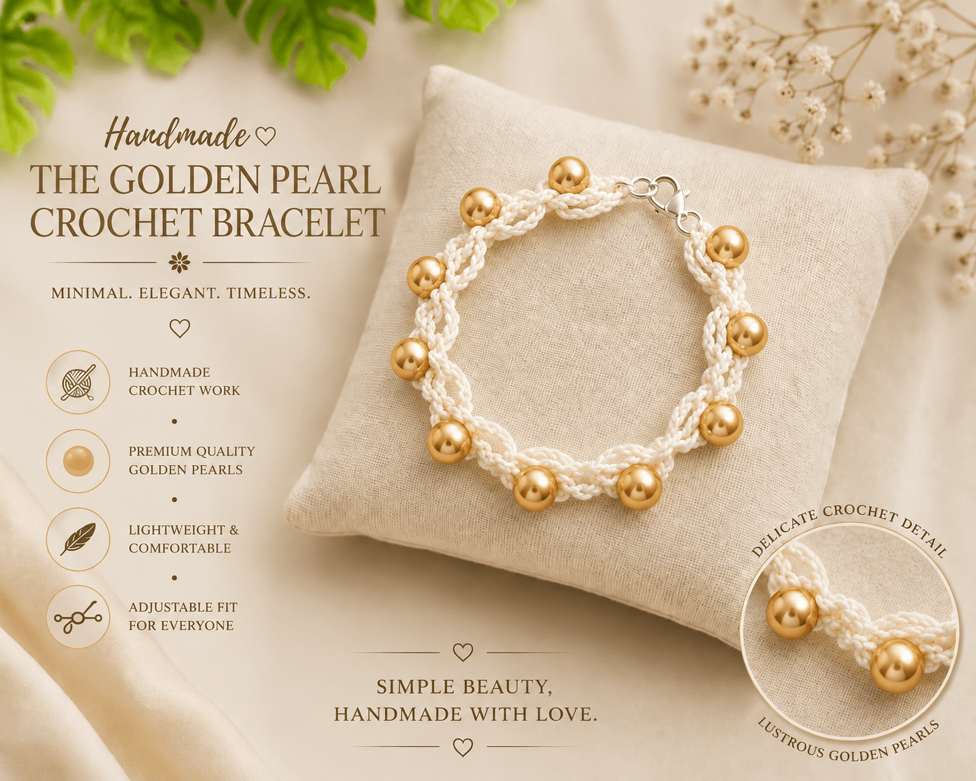 Golden crochet bracelet with pearl detailing