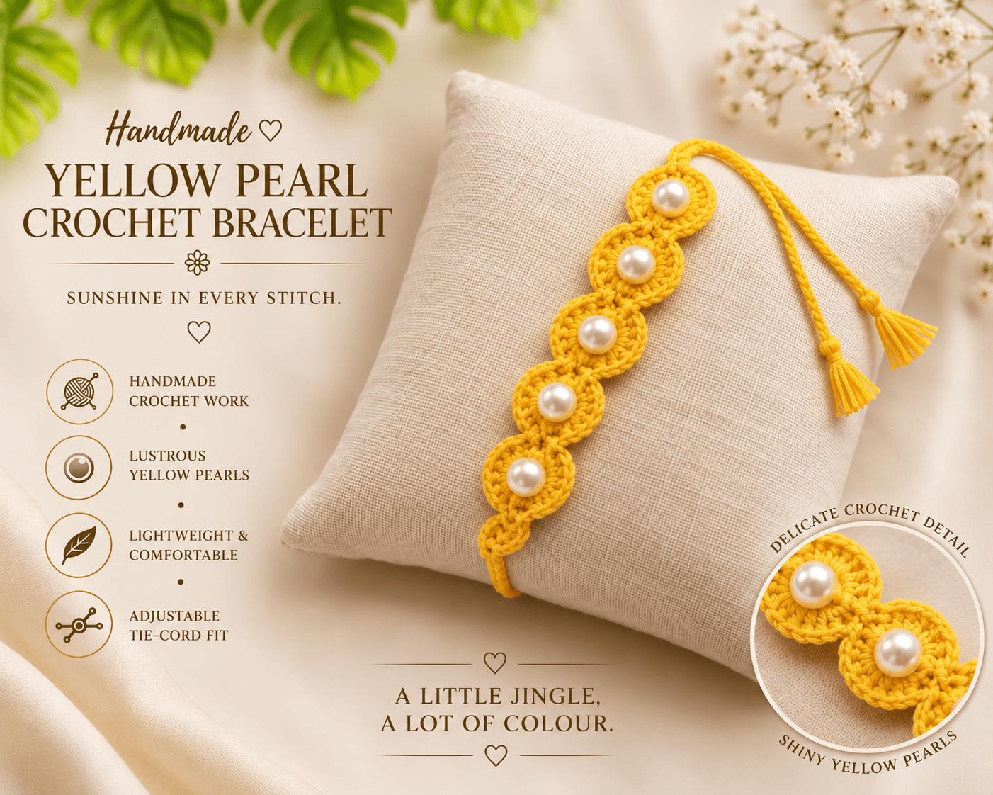 Yellow crochet bracelet with pearl detailing